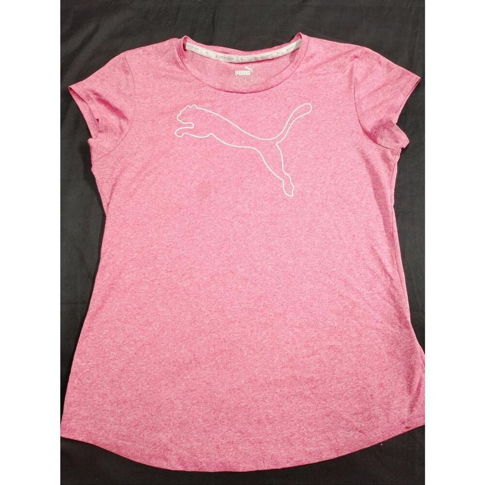 Sporty Puma Women's Heathered Pink Blouse with Cat Logo and Curved Hem